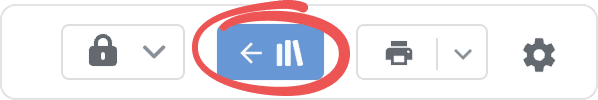The top right of the PDF viewer toolbar with the circled library button highlighted in blue, beside the sharing padlock, print and gear buttons.